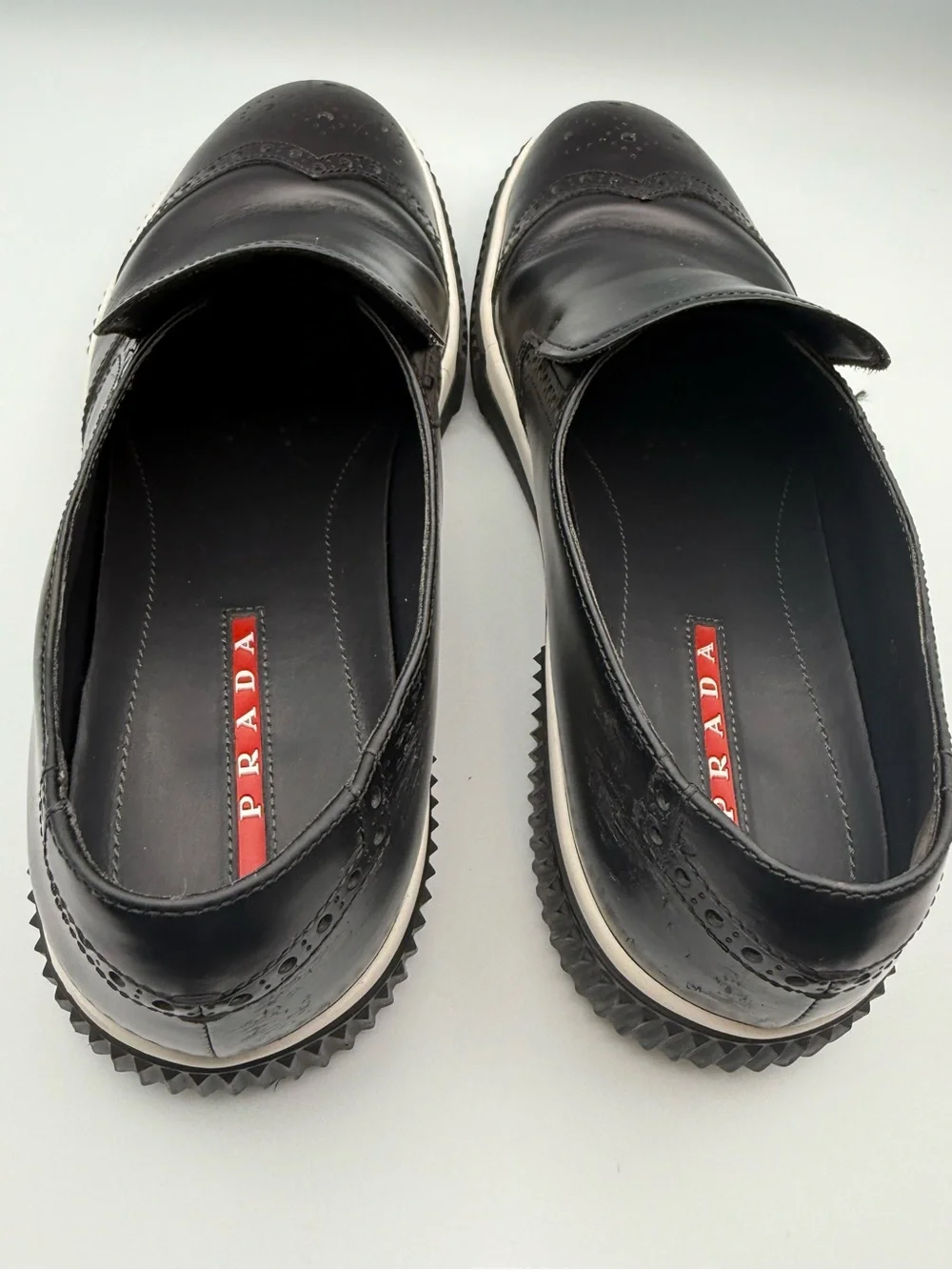 Prada Linea Rossa Black Leather Brogue Slip On Sneakers Sport COA US 10 / 9